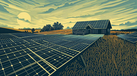 An illustration of Sustainable Development Goal 7 - Solar Photovoltaic Systems in style of linocut, soft earth colours. Generative AI.の素材