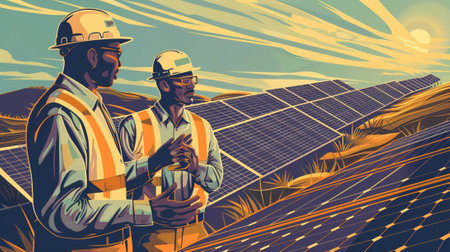 An illustration of Sustainable Development Goal 7 - Solar Photovoltaic Systems in style of linocut, soft earth colours. Generative AI.の素材