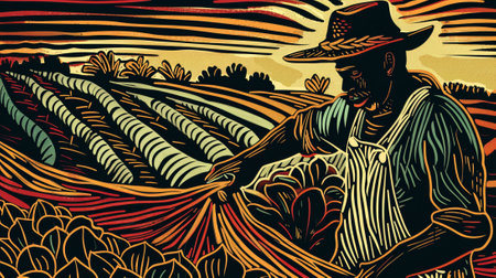 An illustration of Sustainable Development Goal 1, sustainable livelihoods - a farmer sawing seeds, soft earth colours. Generative AI.の素材