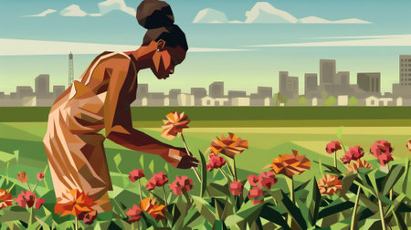 An illustration of Sustainable Development Goal 1, sustainable livelihoods - woman picking flowers at the field. Generative AI.の素材