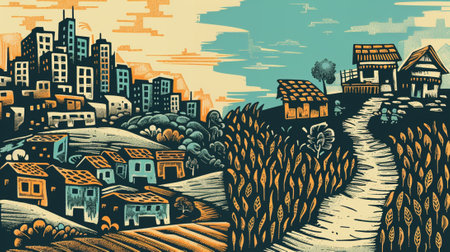 An illustration of Sustainable Development Goal 1, sustainable livelihoods, big city and small village, soft earth colors. Generative AI.の素材