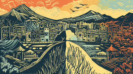 An illustration of Sustainable Development Goal 1, sustainable livelihoods, big city and small village, soft earth colors. Generative AI.の素材