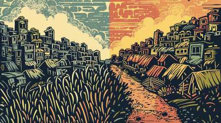 An illustration of Sustainable Development Goal 1, sustainable livelihoods, big city and small village, soft earth colors. Generative AI.の素材
