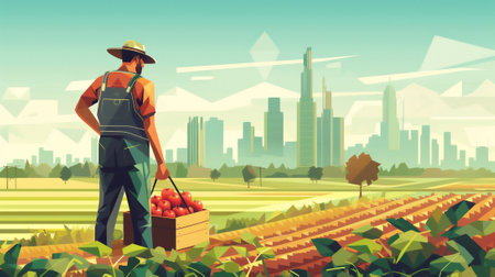 An illustration of Sustainable Development Goal 1, sustainable livelihoods - a farmer harvesting, soft earth colours. Generative AI.の素材