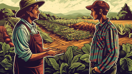An illustration of Sustainable Development Goal 1, sustainable livelihoods in style of linocut, two farmers talking. Generative AI.の素材