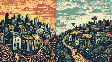 An illustration of Sustainable Development Goal 1, sustainable livelihoods, big city and small village, soft earth colors. Generative AI.の素材
