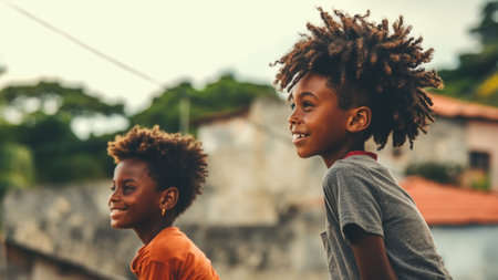 A photo of two Afro American young boys friends at the village street. Sustainable Development Goal 1, no poverty. Generative AI.の素材