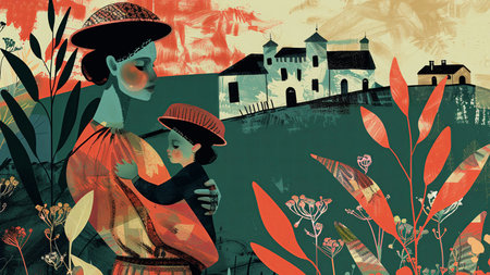 An illustration of Sustainable Development Goal 1, sustainable livelihoods - woman holding her child, poor village at the background. Generative AI.の素材