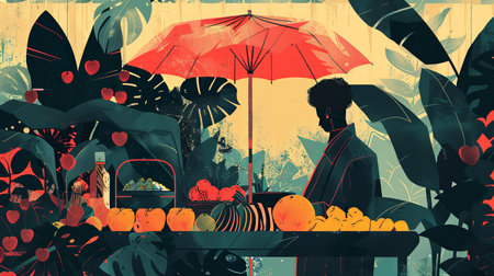 An illustration of SDG 2 - Food Security: an umbrella, covering table with food diversity and a multicultural person. Generative AI.の素材