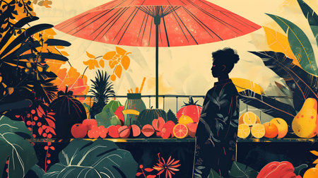 An illustration of SDG 2 - Food Security: an umbrella, covering table with food diversity and a multicultural person. Generative AI.の素材