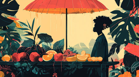 An illustration of SDG 2 - Food Security: an umbrella, covering table with food diversity and a multicultural person. Generative AI.の素材