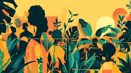 An illustration of SDG 2 - Sustainable Agriculture: a group of multicultural persons and the landscape. Generative AI.の素材