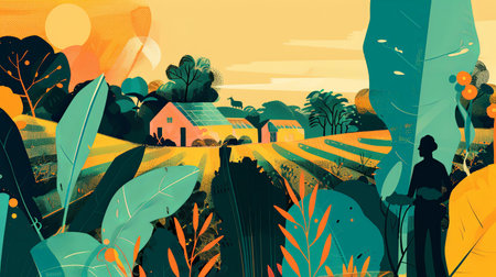 An illustration of SDG 2 - Sustainable Agroculture: a small farm landscape. Generative AI.の素材