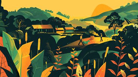 An illustration of SDG 2 - Sustainable Agroculture: a small farm landscape. Generative AI.の素材