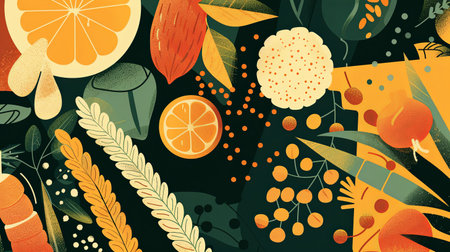 An illustration of SDG 2 - Nutritional Diversity: a several types of food at the table. Generative AI.の素材
