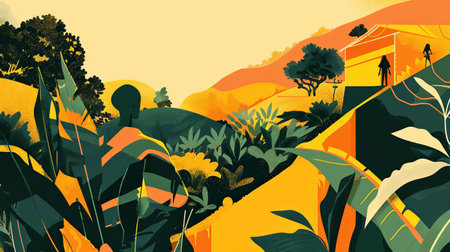 An illustration of SDG 2 - a small-scale farming: a small farm landscape. Generative AI.の素材