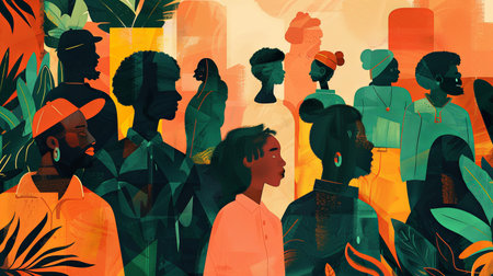 An illustration of SDG 2 - Access to land and resources: a group of multicultural people. Generative AI.の素材