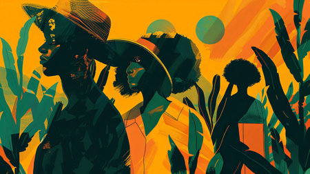 An illustration of SDG 2 - Gender equality in Agroculture:a woman farmer. Generative AI.の素材