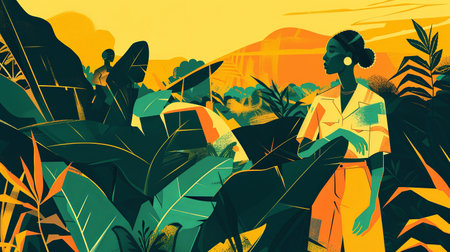 An illustration of SDG 2 - Gender equality in Agroculture:a woman farmer. Generative AI.の素材