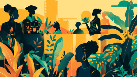 An illustration of SDG 2 - market access for farmers: a small market and a group of multicultural people. Generative AI.の素材