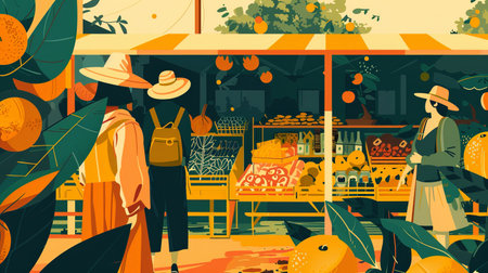 An illustration of SDG 2 - market access for farmers: a small market and a group of multicultural people. Generative AI.の素材