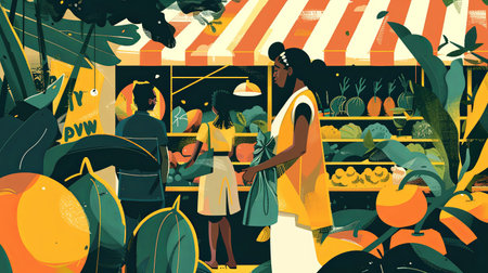An illustration of SDG 2 - market access for farmers: a small market and a group of multicultural people. Generative AI.の素材