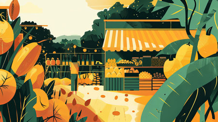 An illustration of SDG 2 - market access for farmers: a small market and a group of multicultural people. Generative AI.の素材
