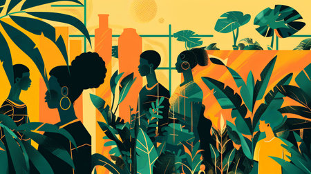 An illustration of SDG 2 - market access for farmers: a small market and a group of multicultural people. Generative AI.の素材