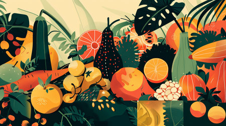 An illustration of SDG 2 - Food sovereignty: a several types of food at the table. Generative AI.の素材