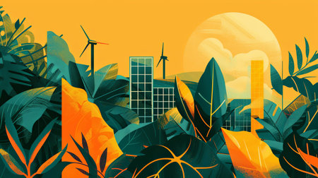 An illustration of SDG 2 - Climate-smart agriculture:wind turbines and solar panels at the garden. Generative AI.の素材