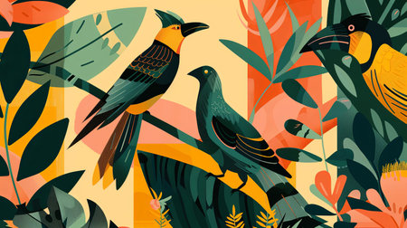 An illustration of SDG 2 - Climate-smart agriculture: several types of birds at the garden. Generative AI.の素材