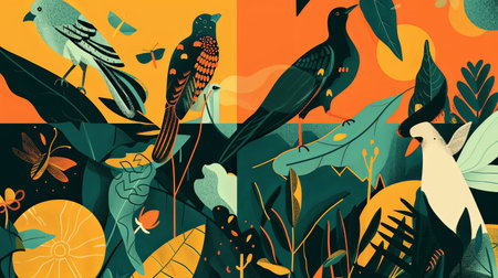 An illustration of SDG 2 - Climate-smart agriculture: several types of birds at the garden. Generative AI.の素材