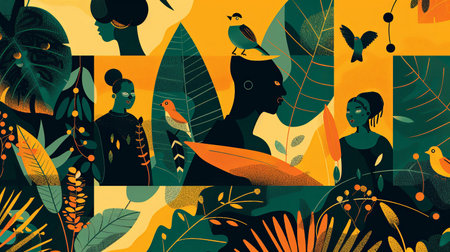 An illustration of SDG 2 - Climate-smart agriculture: several types of birds and groupe of people at the garden. Generative AI.の素材