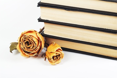 Dried roses and old books on isolated background