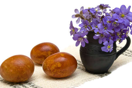 Easter eggs with hepatica nobilis bouquet