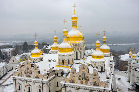 Domes of the Pechersk Lavra in winter in the fog. Kiev. Ukraineの写真素材