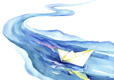 White paper boat floating in the water.Watercolor painting of the river and ship on a white background.の写真素材