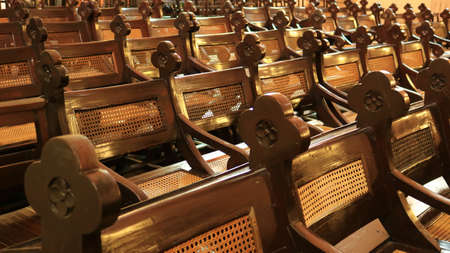 Wooden Church Pews 
Antique wooden pews with individual armrest inside Christ Church Melakaのeditorial素材