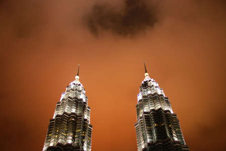 Petronas Twin Towers at night in Kuala Lumpur, Malaysia.のeditorial素材
