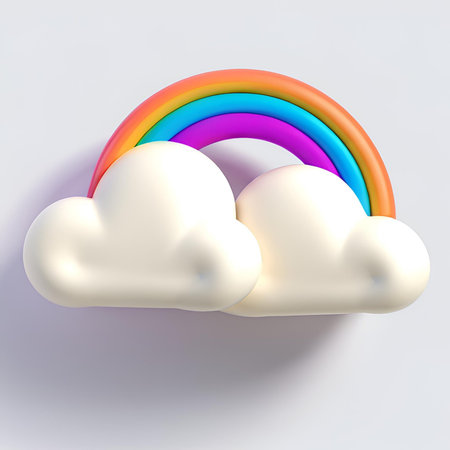 Rainbow and clouds on a white background. 3D rendering.の素材