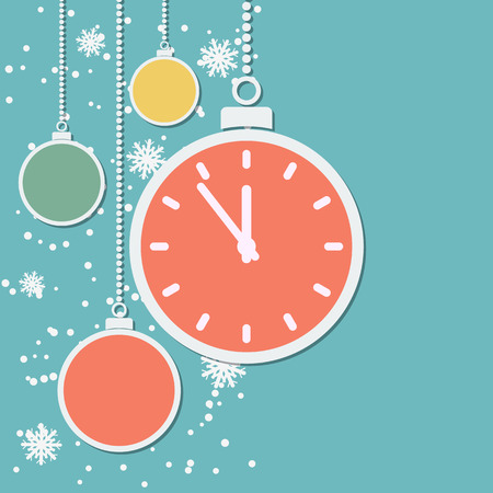Retro style Christmas and New Year vector background with paper balls and cartoon watchのイラスト素材