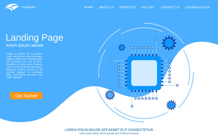 Website landing page vector template. Blue-white background with processor thin line illustrationのイラスト素材