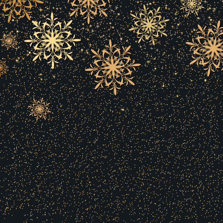 Merry Christmas and Happy New Year black vector background with golden stars and snowflakesのイラスト素材