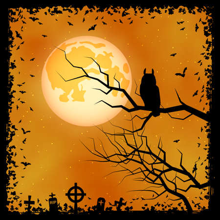 Halloween scary night vector background. Dead tree, graveyard and owl illustrationのイラスト素材