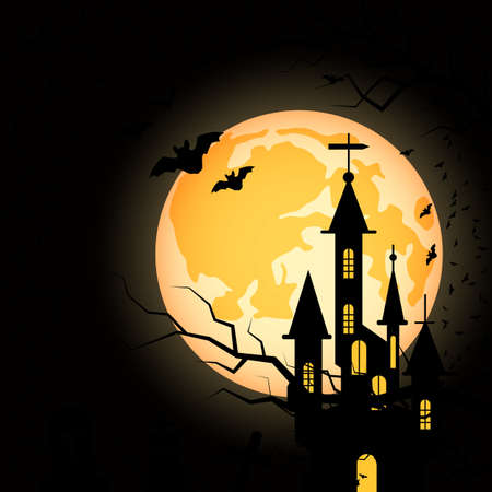 Halloween scary night vector background. Dead tree, graveyard and bats illustrationのイラスト素材