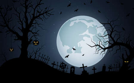 Halloween scary night vector background. Dead trees, graveyard and bats illustrationのイラスト素材