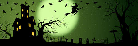 Halloween green scary night horizontal vector bannerのイラスト素材