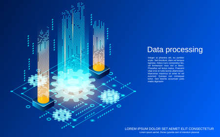 Data processing, big data analysis flat 3d isometric vector concept illustrationのイラスト素材