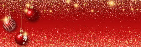 Christmas and New Year vector banner template. Red gradient background with stars, glitter effect and winter decorのイラスト素材