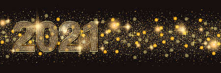 Christmas and New Year 2021 vector banner template. Black background with stars and glitter effect